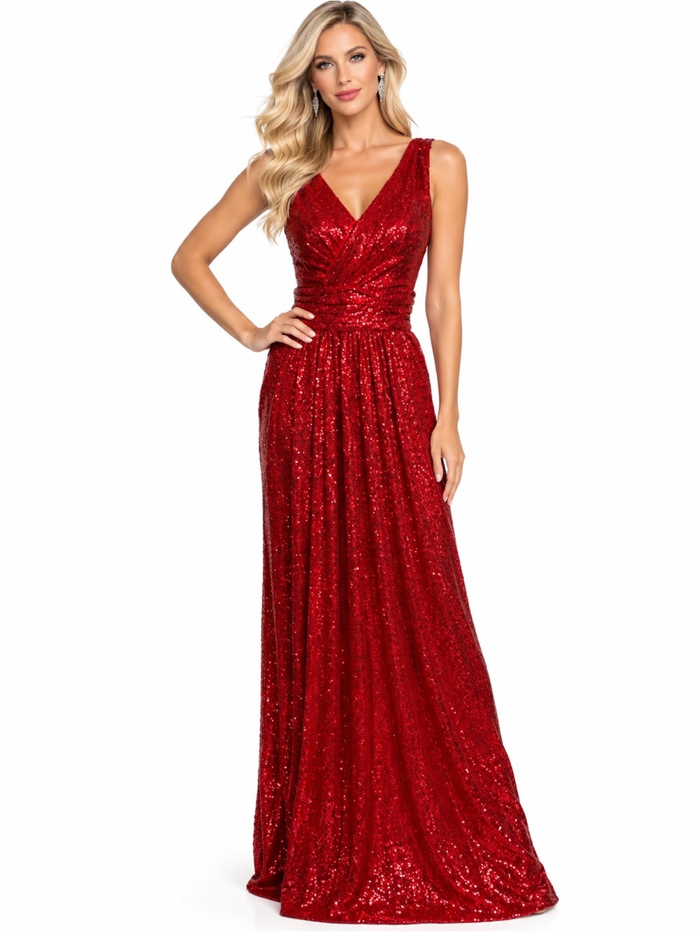 Kate Kasin Women’s Size 4 Red Sequin V-Neck Formal Evening Maxi Gown